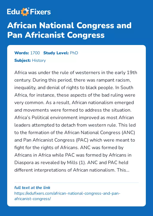 African National Congress and Pan Africanist Congress - Essay Preview