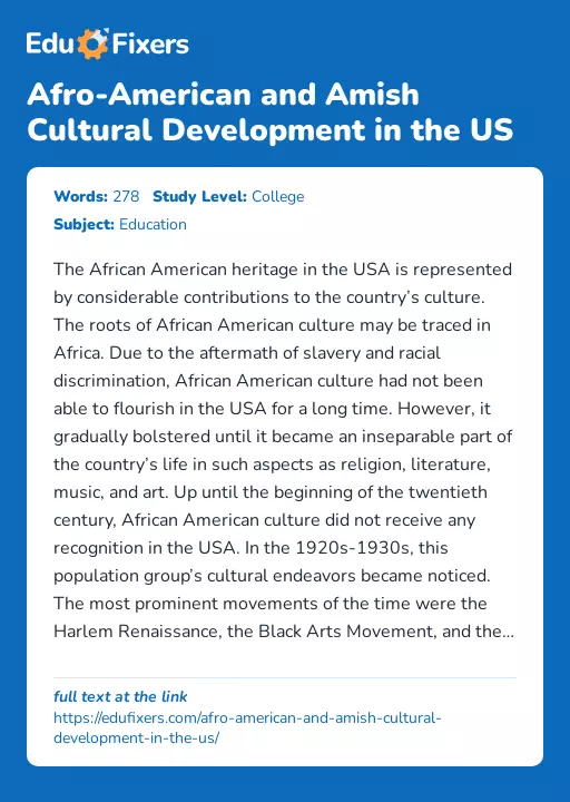 Afro-American and Amish Cultural Development in the US - Essay Preview