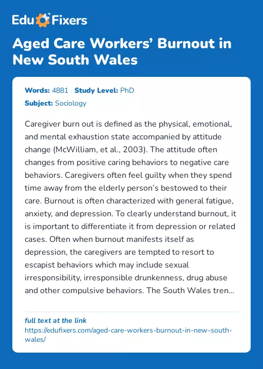 Aged Care Workers’ Burnout in New South Wales - Essay Preview
