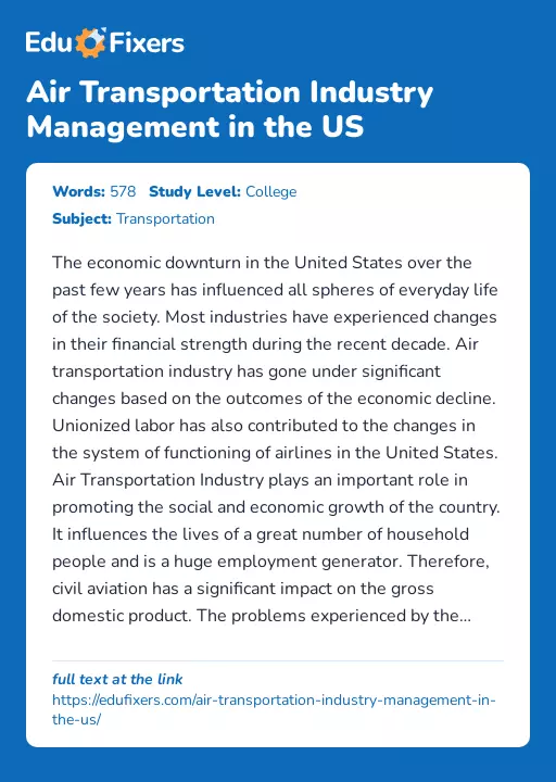 Air Transportation Industry Management in the US - Essay Preview