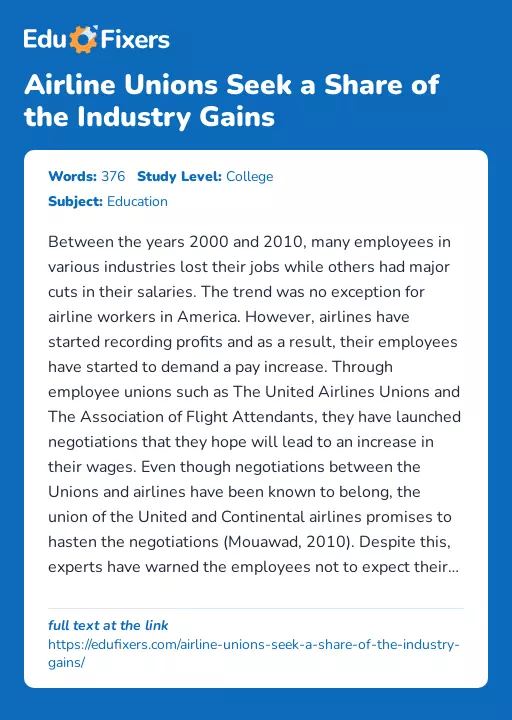 Airline Unions Seek a Share of the Industry Gains - Essay Preview