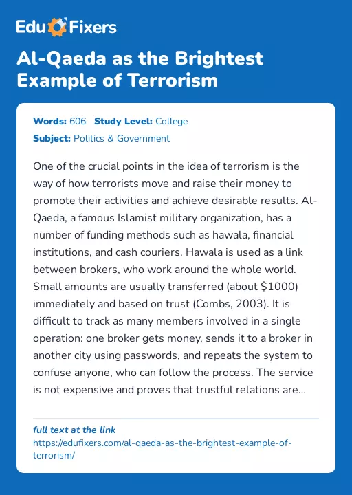 Al-Qaeda as the Brightest Example of Terrorism - Essay Preview