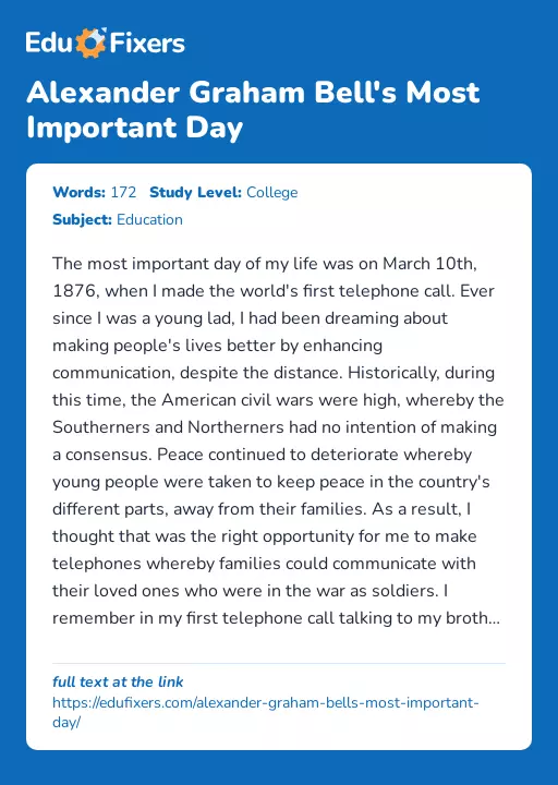 Alexander Graham Bell's Most Important Day - Essay Preview