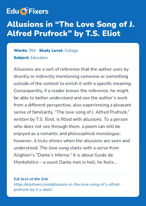 Allusions in “The Love Song of J. Alfred Prufrock” by T.S. Eliot - Essay Preview