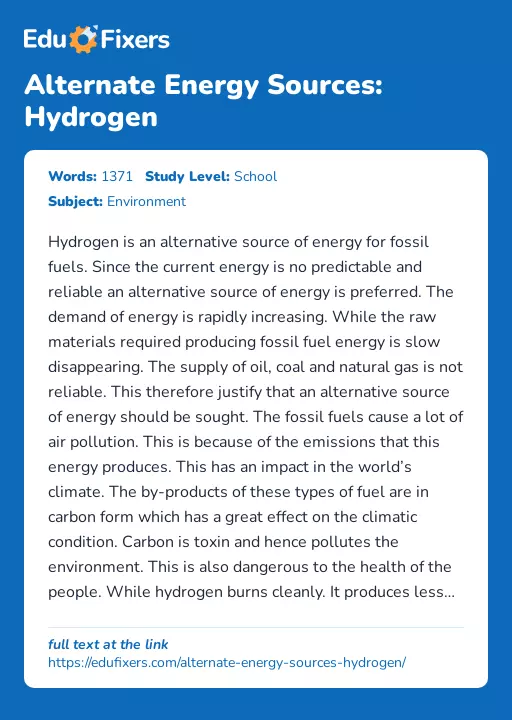 Alternate Energy Sources: Hydrogen - Essay Preview