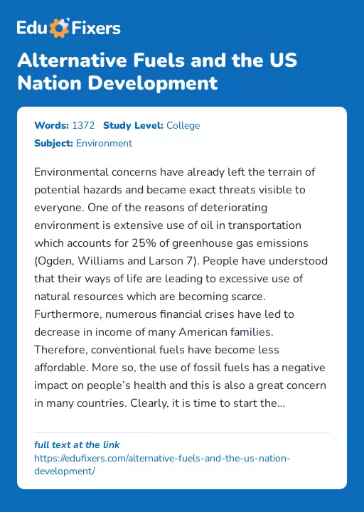 Alternative Fuels and the US Nation Development - Essay Preview