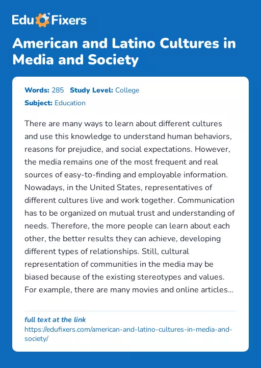 American and Latino Cultures in Media and Society - Essay Preview