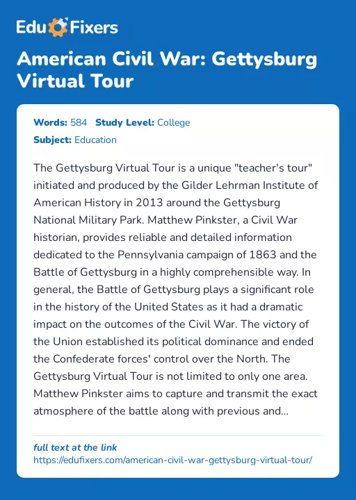 American Civil War: Gettysburg Virtual Tour - Essay Preview