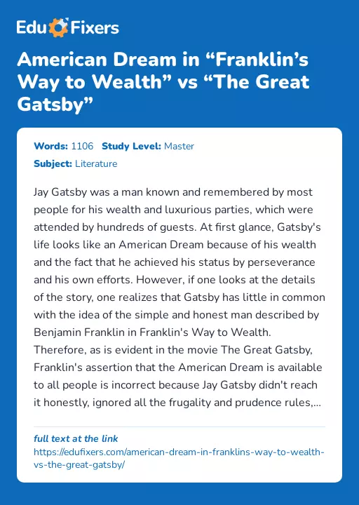 American Dream in “Franklin’s Way to Wealth” vs “The Great Gatsby” - Essay Preview