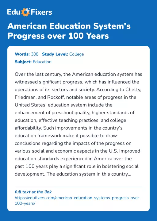American Education System's Progress over 100 Years - Essay Preview