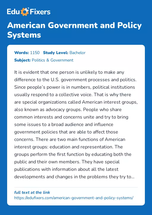 American Government and Policy Systems - Essay Preview