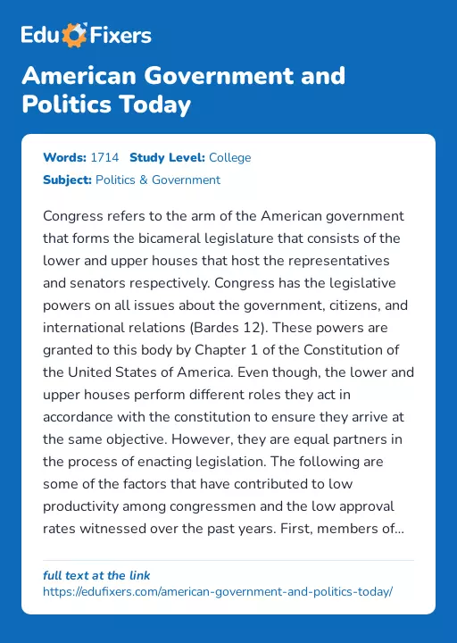American Government and Politics Today - Essay Preview