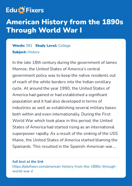 American History from the 1890s Through World War I - Essay Preview