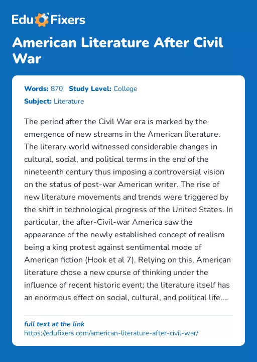 American Literature After Civil War - Essay Preview
