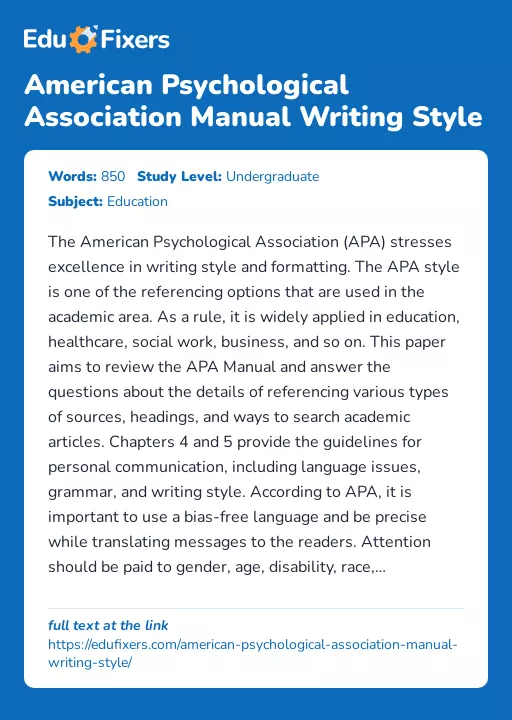 American Psychological Association Manual Writing Style - Essay Preview