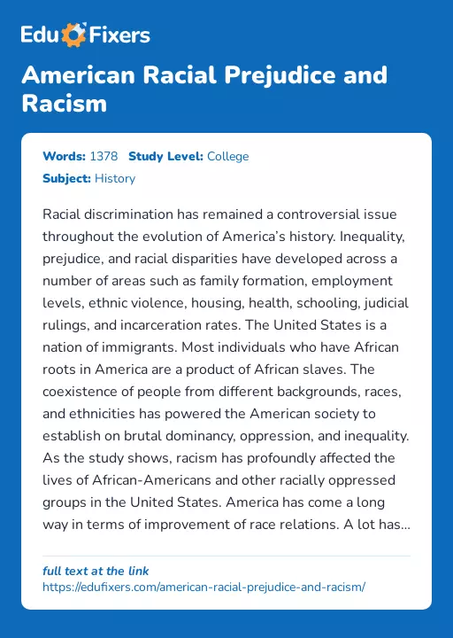 American Racial Prejudice and Racism - Essay Preview