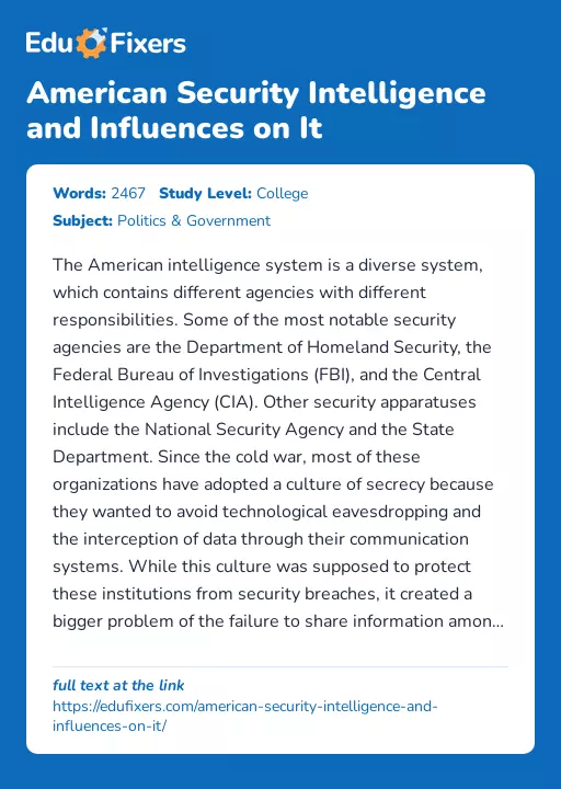 American Security Intelligence and Influences on It - Essay Preview