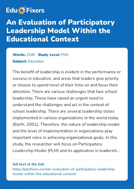 An Evaluation of Participatory Leadership Model Within the Educational Context - Essay Preview