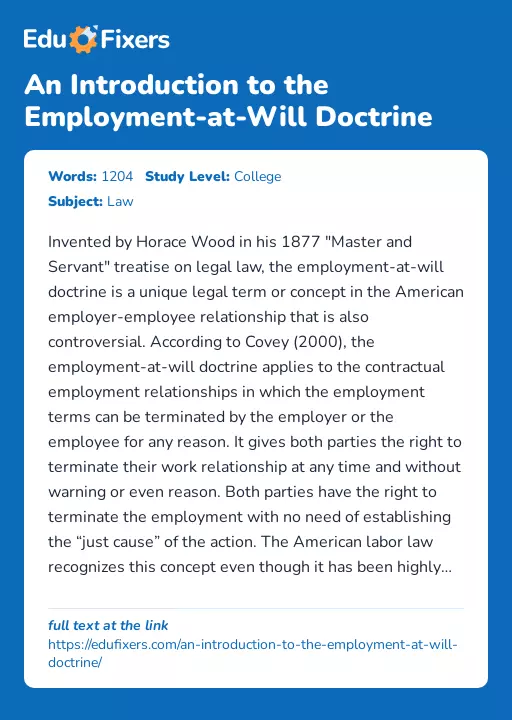 An Introduction to the Employment-at-Will Doctrine - Essay Preview