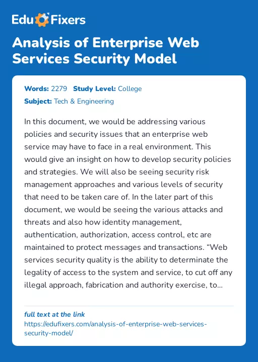 Analysis of Enterprise Web Services Security Model - Essay Preview