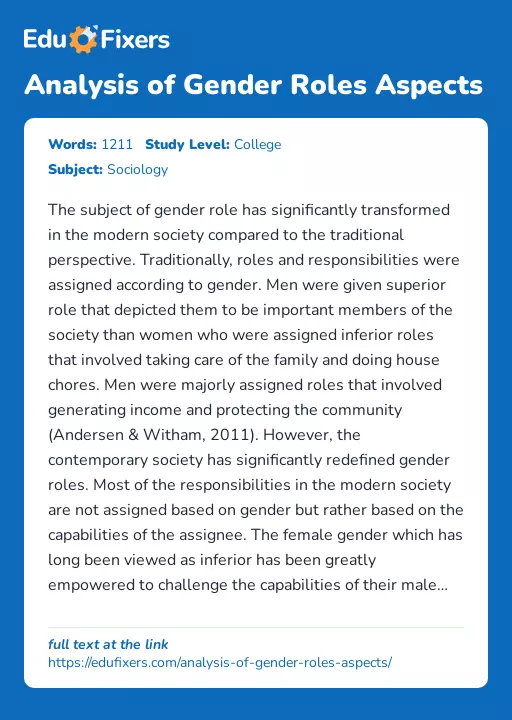 Analysis of Gender Roles Aspects - Essay Preview