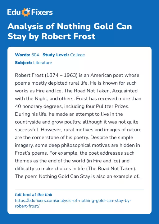 Analysis of Nothing Gold Can Stay by Robert Frost - Essay Preview