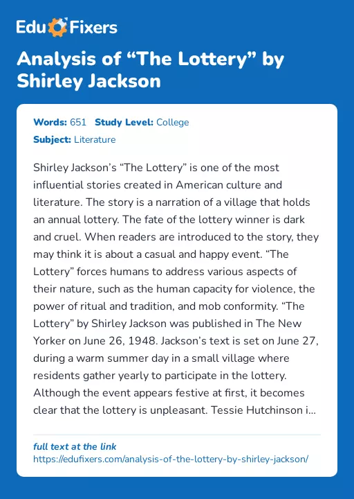Analysis of “The Lottery” by Shirley Jackson - Essay Preview