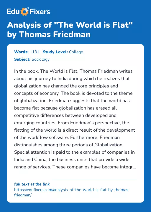 Analysis of "The World is Flat" by Thomas Friedman - Essay Preview