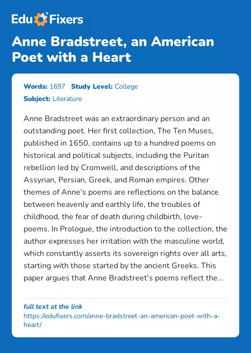 Anne Bradstreet, an American Poet with a Heart - Essay Preview