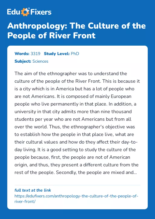 Anthropology: The Culture of the People of River Front - Essay Preview