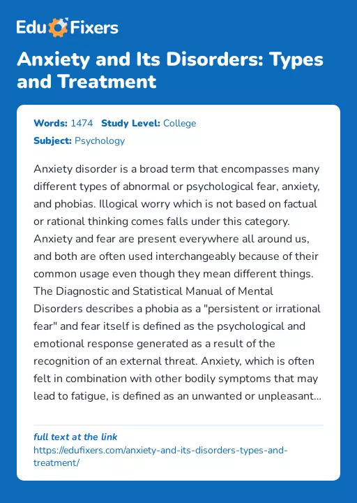 Anxiety and Its Disorders: Types and Treatment - Essay Preview