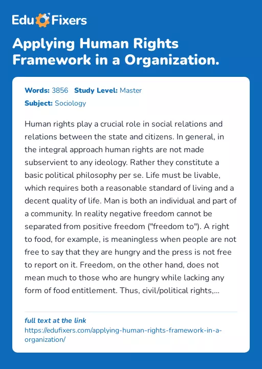 Applying Human Rights Framework in a Organization. - Essay Preview
