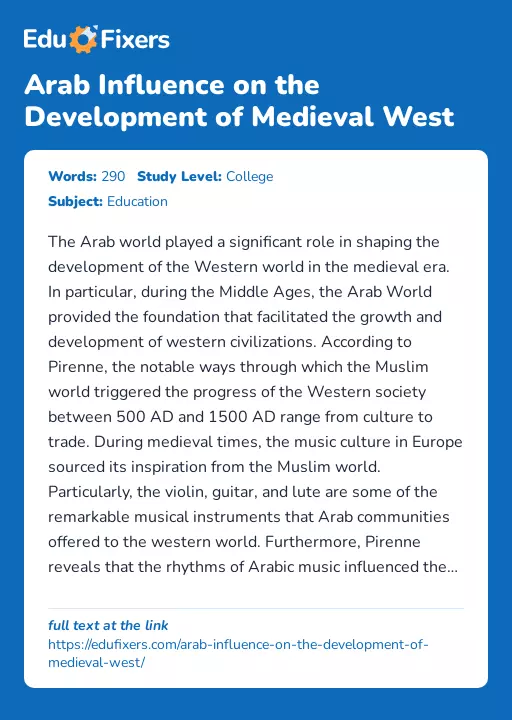 Arab Influence on the Development of Medieval West - Essay Preview