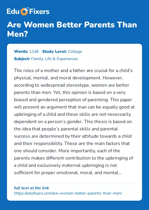 Are Women Better Parents Than Men? - Essay Preview
