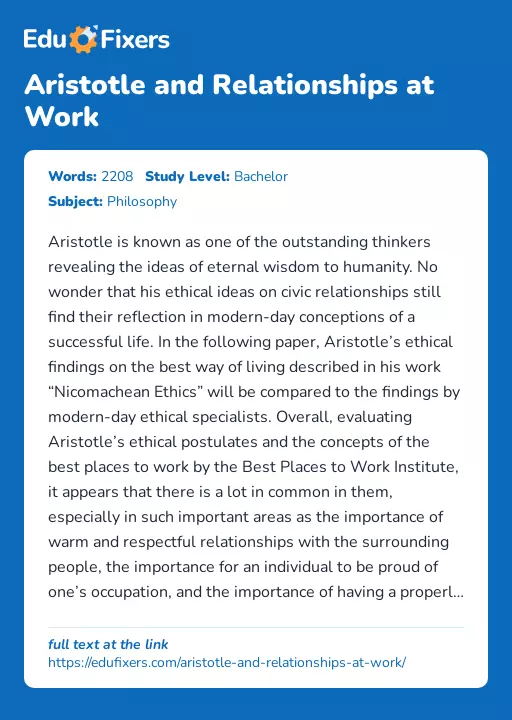 Aristotle and Relationships at Work - Essay Preview