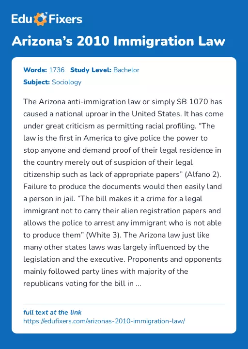 Arizona’s 2010 Immigration Law - Essay Preview
