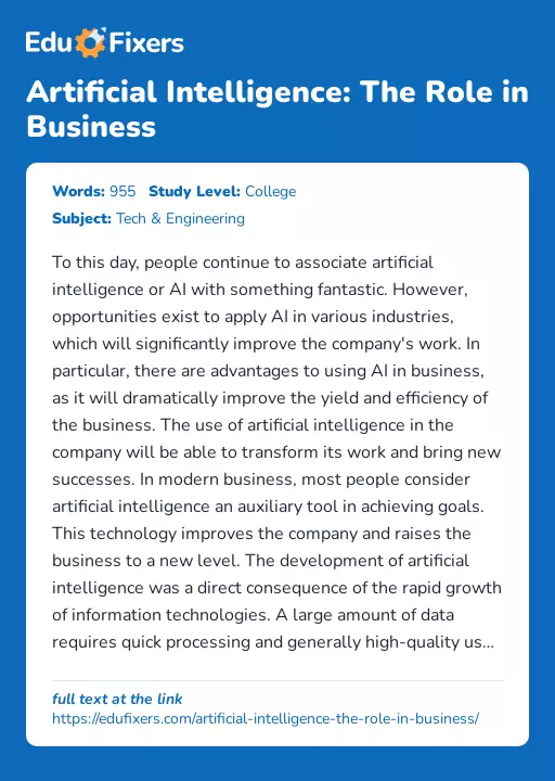 Artificial Intelligence: The Role in Business - Essay Preview