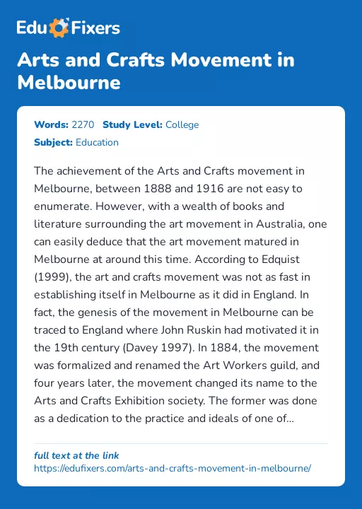 Arts and Crafts Movement in Melbourne - Essay Preview