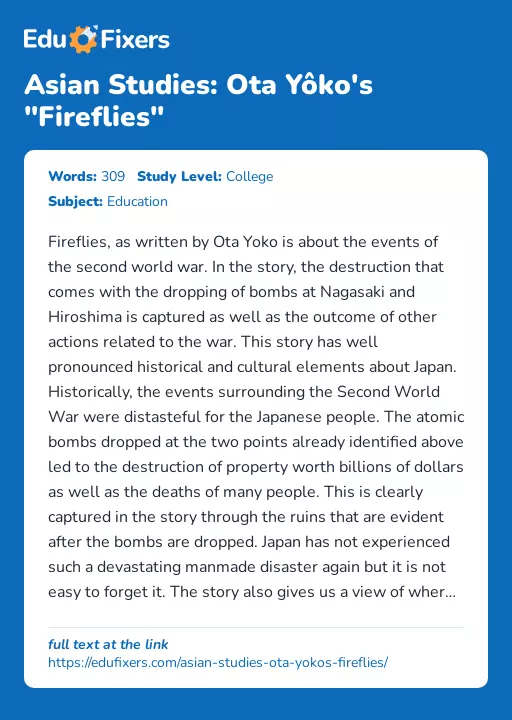 Asian Studies: Ota Yôko's "Fireflies" - Essay Preview