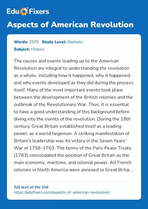 Aspects of American Revolution - Essay Preview