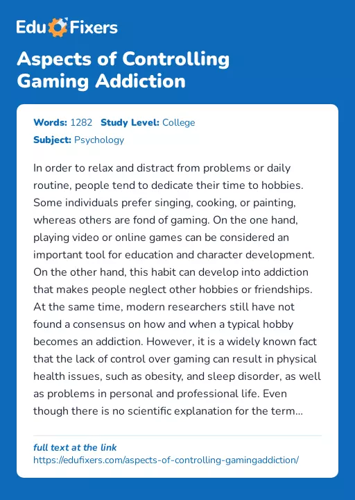 Aspects of Controlling Gaming Addiction - Essay Preview