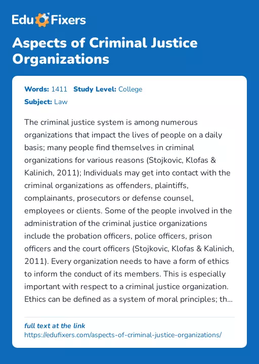 Aspects of Criminal Justice Organizations - Essay Preview