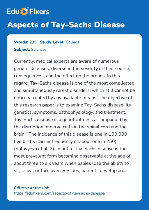 Aspects of Tay–Sachs Disease - Essay Preview