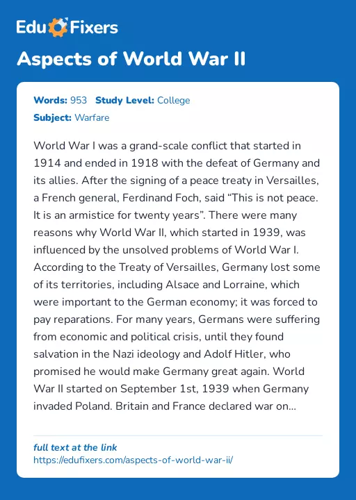 Aspects of World War II - Essay Preview