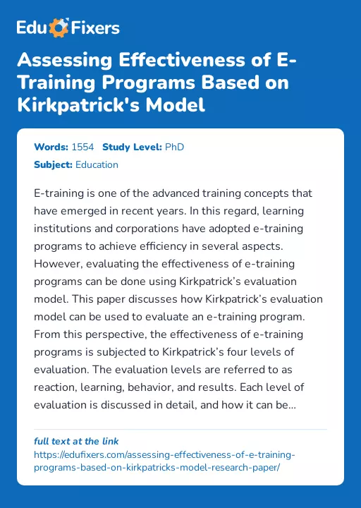 Assessing Effectiveness of E-Training Programs Based on Kirkpatrick's Model - Essay Preview
