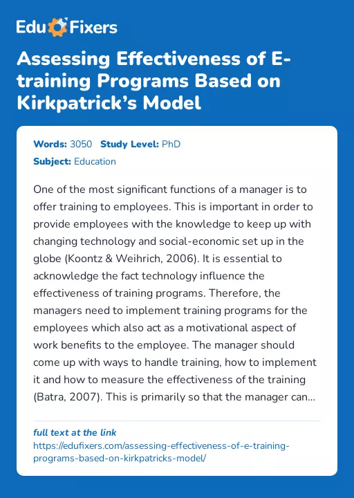 Assessing Effectiveness of E-training Programs Based on Kirkpatrick’s Model - Essay Preview