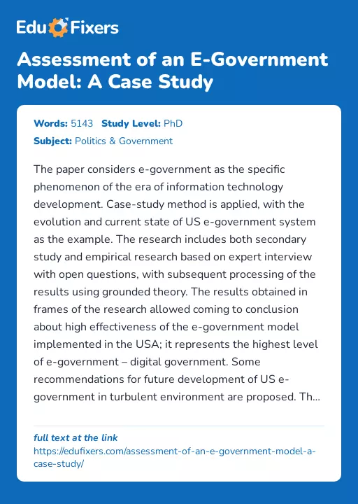 Assessment of an E-Government Model: A Case Study - Essay Preview