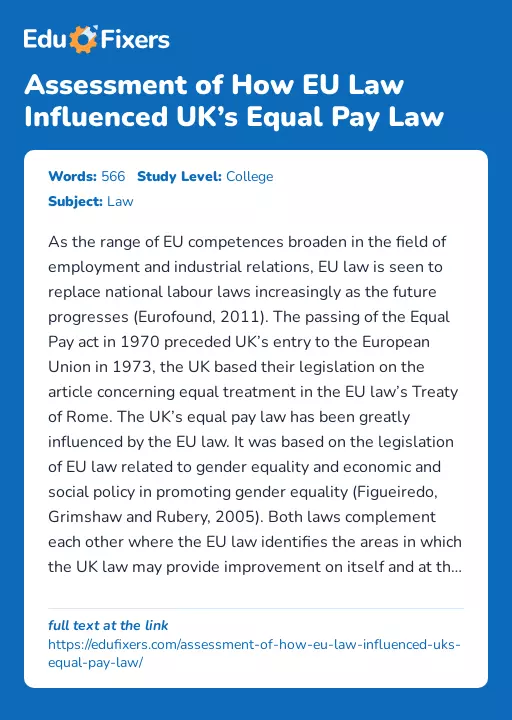 Assessment of How EU Law Influenced UK’s Equal Pay Law - Essay Preview