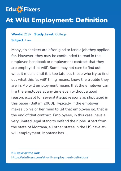 At Will Employment: Definition - Essay Preview