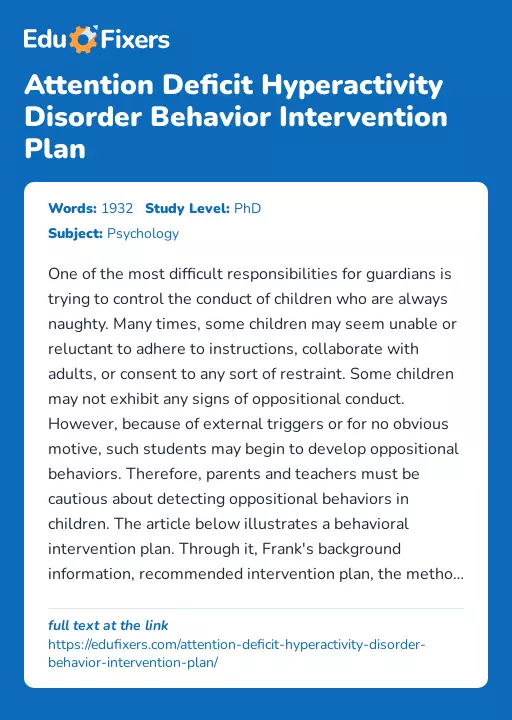 Attention Deficit Hyperactivity Disorder Behavior Intervention Plan - Essay Preview